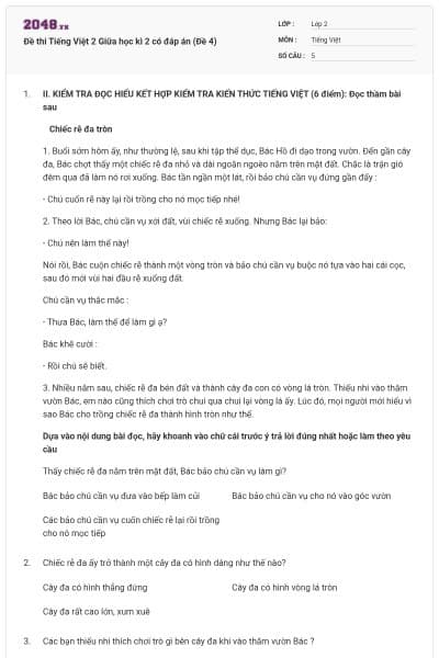 Đề thi Tiếng Việt 2 Giữa học kì 2 có đáp án (Đề 4)