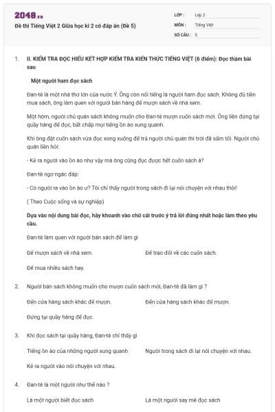 Đề thi Tiếng Việt 2 Giữa học kì 2 có đáp án (Đề 5)