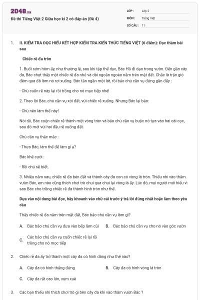 Đề thi Tiếng Việt 2 Giữa học kì 2 có đáp án (Đề 4)