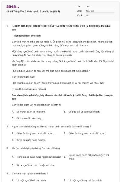 Đề thi Tiếng Việt 2 Giữa học kì 2 có đáp án (Đề 5)