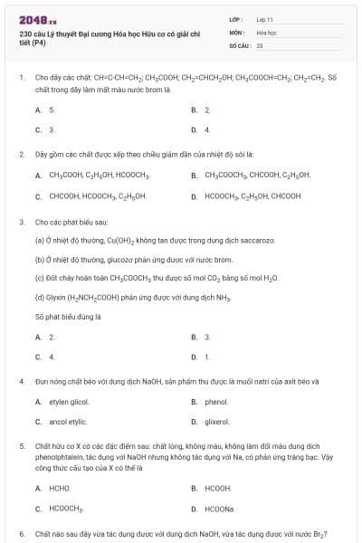 230 câu Lý thuyết Đại cương Hóa học Hữu cơ có giải chi tiết (P4)