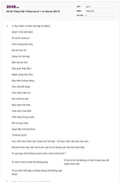 Đề thi Tiếng Việt 3 Giữa học kì 1 có đáp án (Đề 9)