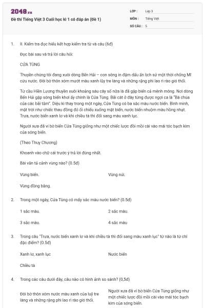 Đề thi Tiếng Việt 3 Cuối học kì 1 có đáp án (Đề 1)