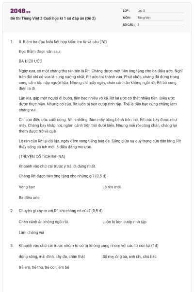 Đề thi Tiếng Việt 3 Cuối học kì 1 có đáp án (Đề 2)