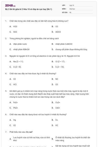 Bộ 2 Đề thi giữa kì 2 Hóa 10 có đáp án cực hay (Đề 1)