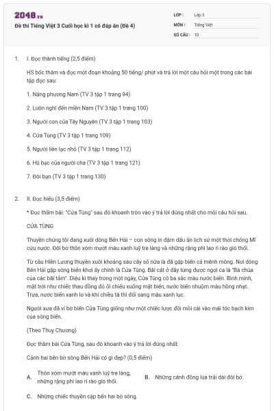 Đề thi Tiếng Việt 3 Cuối học kì 1 có đáp án (Đề 4)