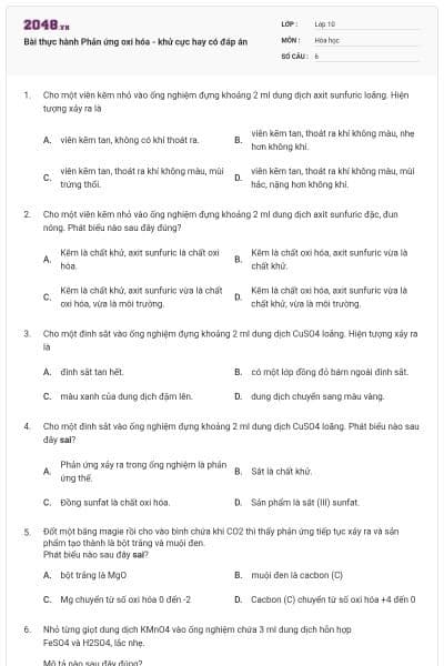 Bài thực hành Phản ứng oxi hóa - khử cực hay có đáp án