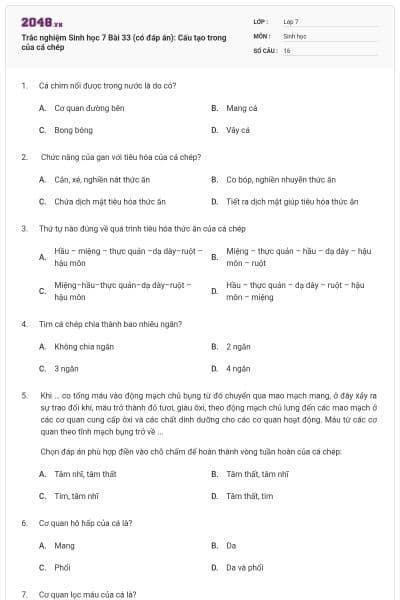 Trắc nghiệm Sinh học 7 Bài 33 (có đáp án): Cấu tạo trong của cá chép