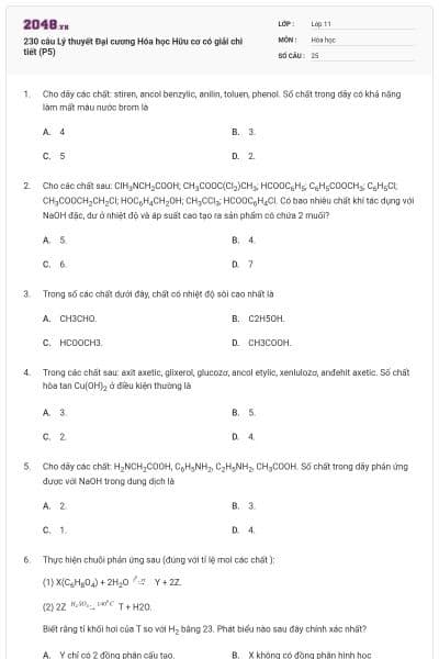 230 câu Lý thuyết Đại cương Hóa học Hữu cơ có giải chi tiết (P5)