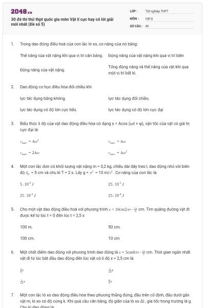 30 đề thi thử thpt quốc gia môn Vật lí cực hay có lời giải mới nhất (Đề số 5)