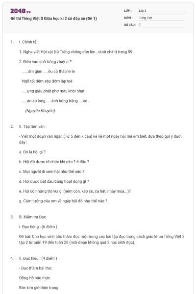 Đề thi Tiếng Việt 3 Giữa học kì 2 có đáp án (Đề 1)
