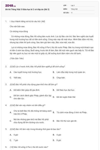 Đề thi Tiếng Việt 3 Giữa học kì 2 có đáp án (Đề 3)