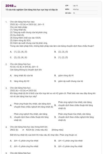 15 câu trắc nghiệm Cân bằng hóa học cực hay có đáp án