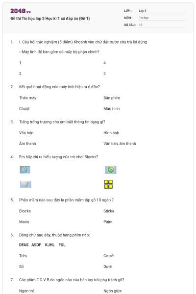 Đề thi Tin học lớp 3 Học kì 1 có đáp án (Đề 1)