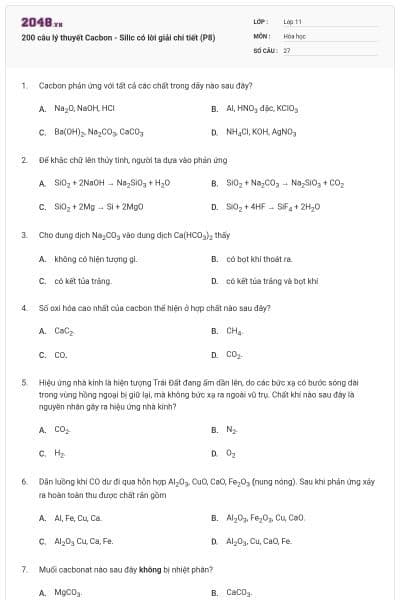 200 câu lý thuyết Cacbon - Silic có lời giải chi tiết (P8)