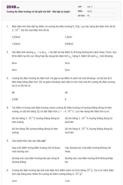 Cường độ điện trường có lời giải chi tiết - Bài tập tự luyện