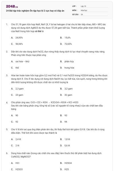 24 Bài tập trắc nghiệm Ôn tập học kì 2 cực hay có đáp án