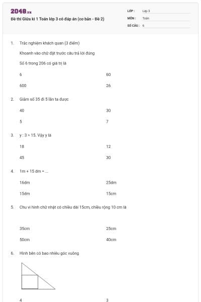 Đề thi Giữa kì 1 Toán lớp 3 có đáp án (cơ bản - Đề 2)