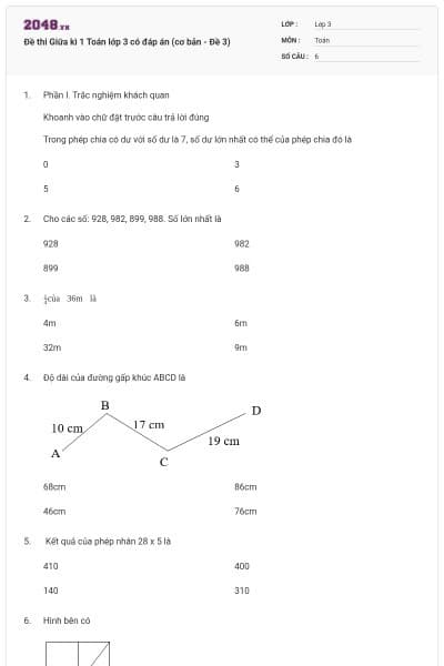 Đề thi Giữa kì 1 Toán lớp 3 có đáp án (cơ bản - Đề 3)