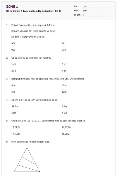 Đề thi Giữa kì 1 Toán lớp 3 có đáp án (cơ bản - Đề 4)