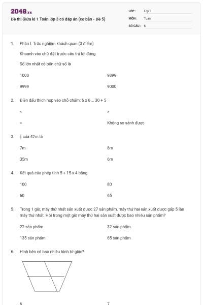 Đề thi Giữa kì 1 Toán lớp 3 có đáp án (cơ bản - Đề 5)