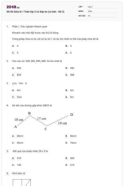 Đề thi Giữa kì 1 Toán lớp 3 có đáp án (cơ bản - Đề 3)