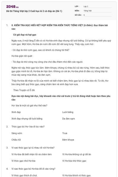 Đề thi Tiếng Việt lớp 2 Cuối học kì 2 có đáp án (Đề 1)