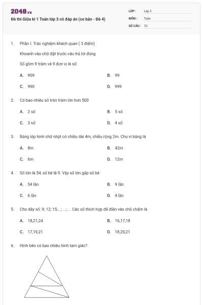 Đề thi Giữa kì 1 Toán lớp 3 có đáp án (cơ bản - Đề 4)