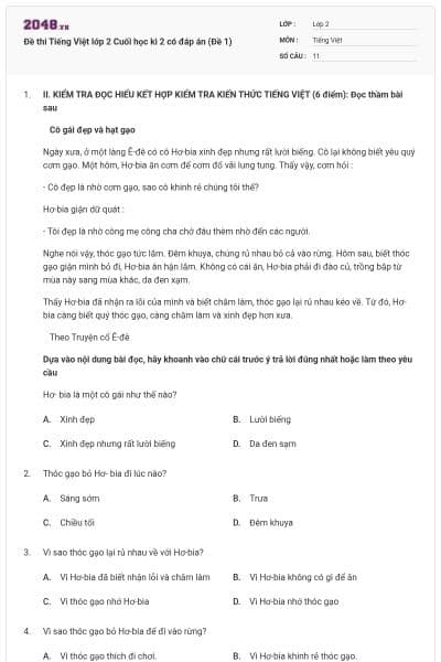 Đề thi Tiếng Việt lớp 2 Cuối học kì 2 có đáp án (Đề 1)