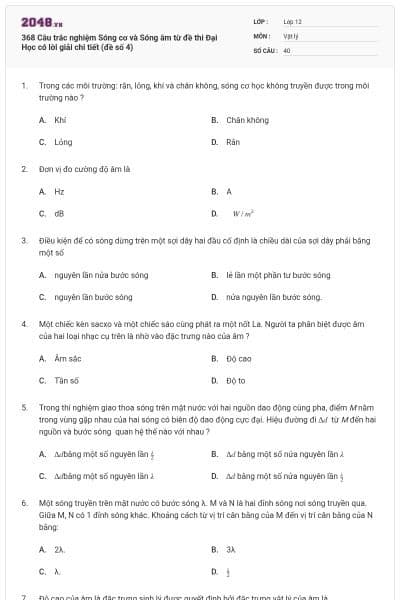 368 Câu trắc nghiệm Sóng cơ và Sóng âm từ đề thi Đại Học có lời giải chi tiết (đề số 4)