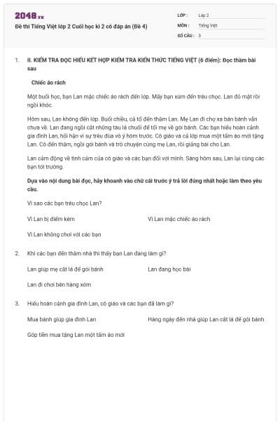 Đề thi Tiếng Việt lớp 2 Cuối học kì 2 có đáp án (Đề 4)