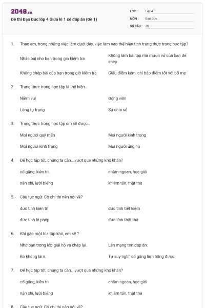 Đề thi Đạo Đức lớp 4 Giữa kì 1 có đáp án (Đề 1)