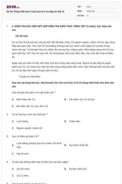 Đề thi Tiếng Việt lớp 2 Cuối học kì 2 có đáp án (Đề 3)