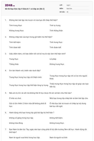 Đề thi Đạo Đức lớp 4 Giữa kì 1 có đáp án (Đề 2)