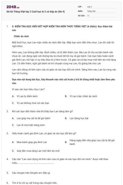 Đề thi Tiếng Việt lớp 2 Cuối học kì 2 có đáp án (Đề 4)