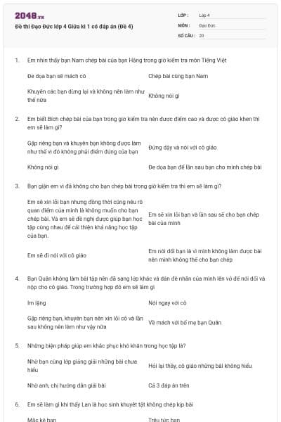 Đề thi Đạo Đức lớp 4 Giữa kì 1 có đáp án (Đề 4)