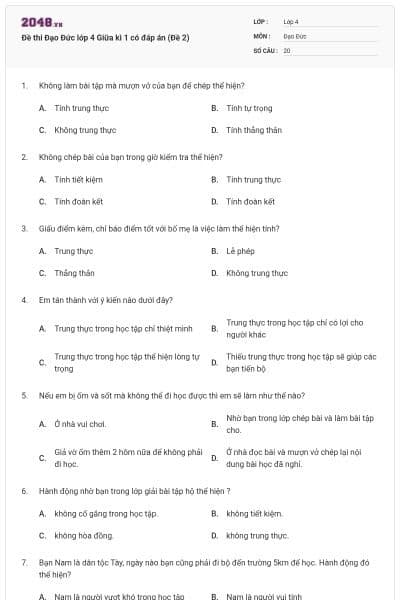 Đề thi Đạo Đức lớp 4 Giữa kì 1 có đáp án (Đề 2)