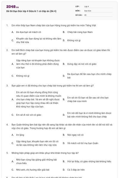 Đề thi Đạo Đức lớp 4 Giữa kì 1 có đáp án (Đề 4)