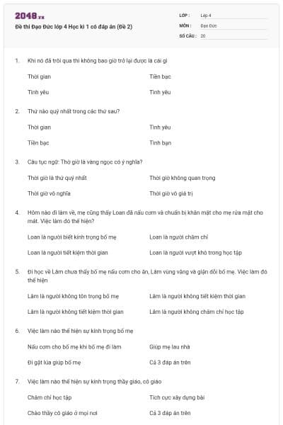 Đề thi Đạo Đức lớp 4 Học kì 1 có đáp án (Đề 2)