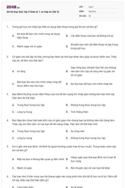 Đề thi Đạo Đức lớp 4 Giữa kì 1 có đáp án (Đề 5)