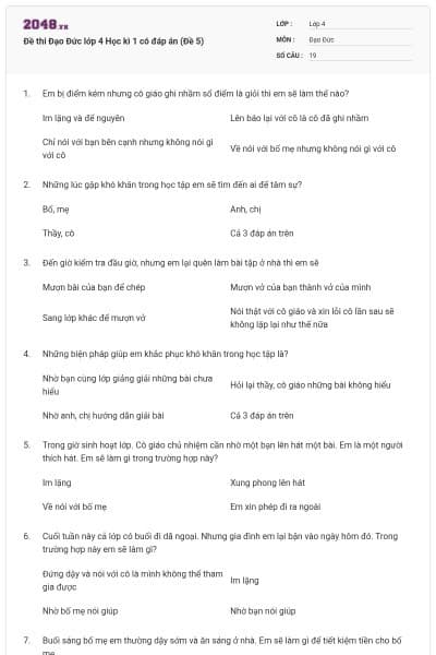 Đề thi Đạo Đức lớp 4 Học kì 1 có đáp án (Đề 5)