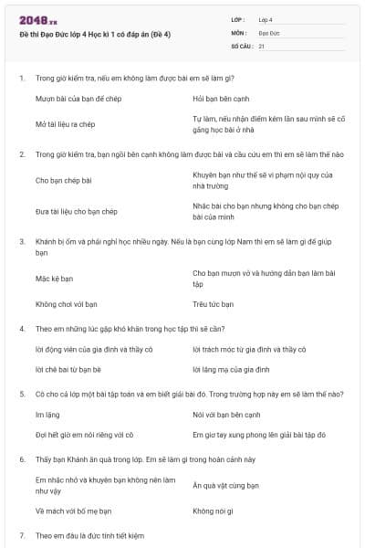 Đề thi Đạo Đức lớp 4 Học kì 1 có đáp án (Đề 4)