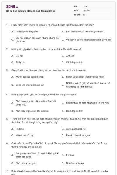 Đề thi Đạo Đức lớp 4 Học kì 1 có đáp án (Đề 5)