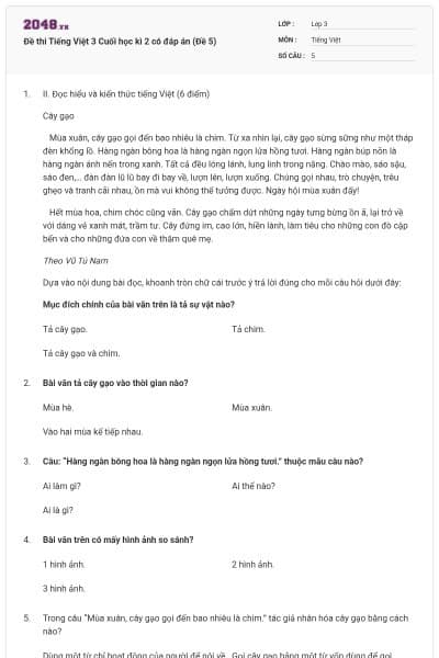 Đề thi Tiếng Việt 3 Cuối học kì 2 có đáp án (Đề 5)