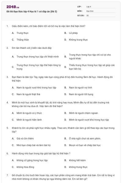 Đề thi Đạo Đức lớp 4 Học kì 1 có đáp án (Đề 3)