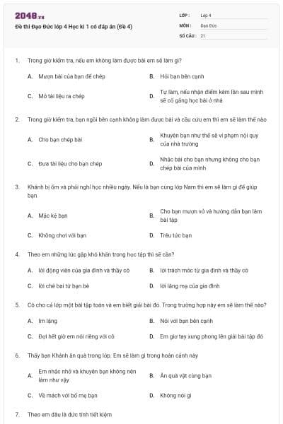 Đề thi Đạo Đức lớp 4 Học kì 1 có đáp án (Đề 4)