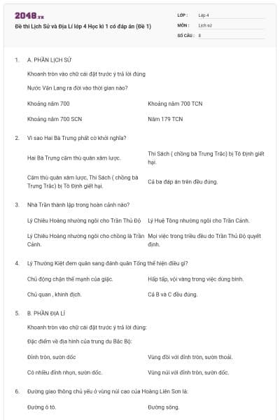 Đề thi Lịch Sử và Địa Lí lớp 4 Học kì 1 có đáp án (Đề 1)