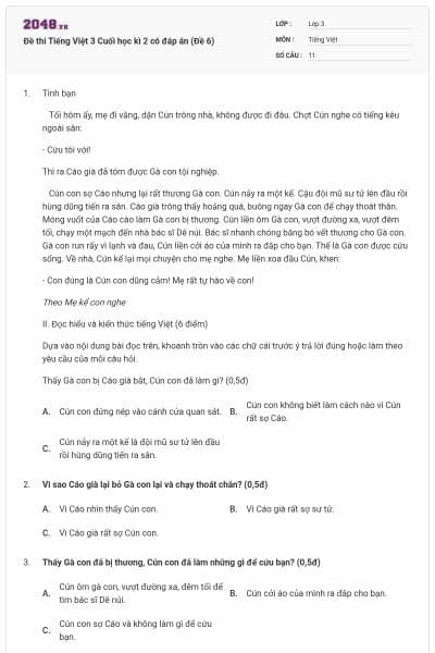 Đề thi Tiếng Việt 3 Cuối học kì 2 có đáp án (Đề 6)