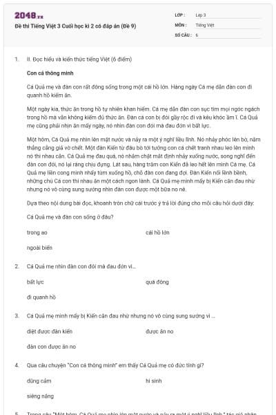 Đề thi Tiếng Việt 3 Cuối học kì 2 có đáp án (Đề 9)