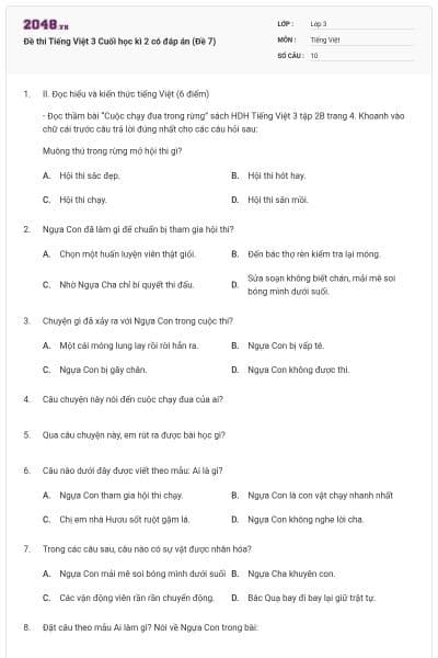 Đề thi Tiếng Việt 3 Cuối học kì 2 có đáp án (Đề 7)